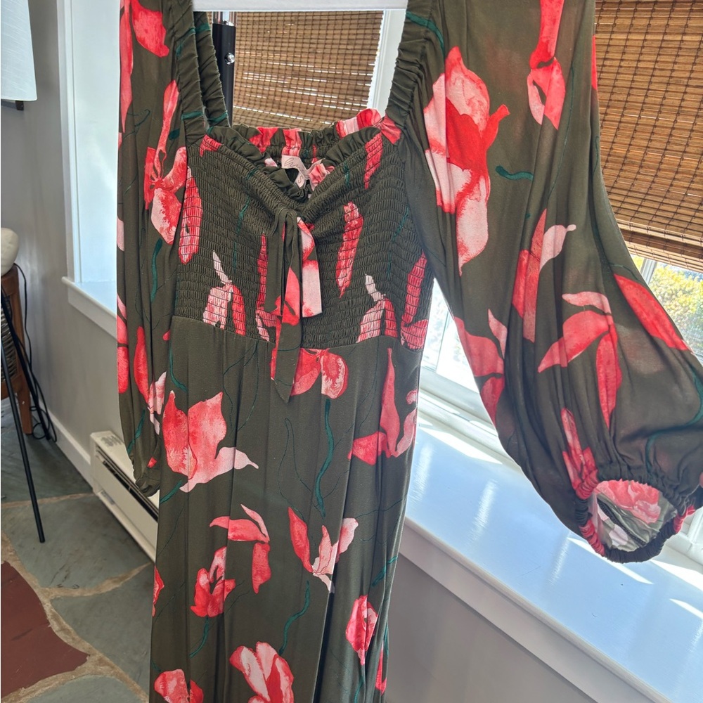 Hutch Olive Green Maxi Dress with Coral-Pink Floral Print